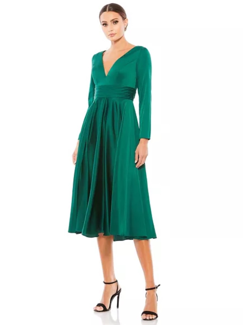 NWT leena for Mac Duggal Long-Sleeve Pleated Satin Midi Dress